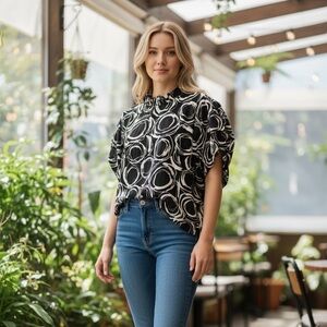 Size L Emory Rose Black/Ivory abstract circle print ruffle neck blouse